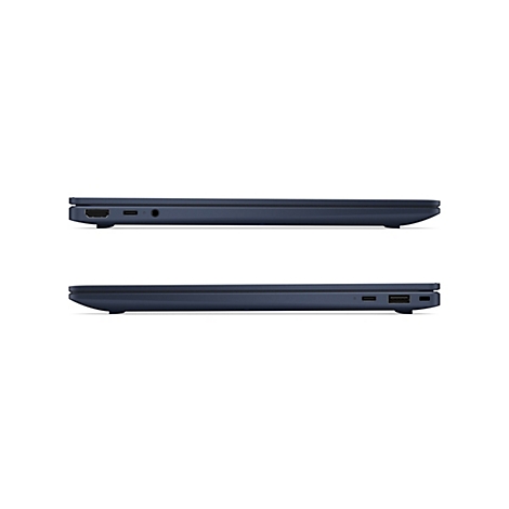 Zwei blaue Laptops im Profil. Der obere hat Anschlüsse für HDMI, Kopfhörer und USB-C. Der untere hat USB und USB-C-Anschlüsse.