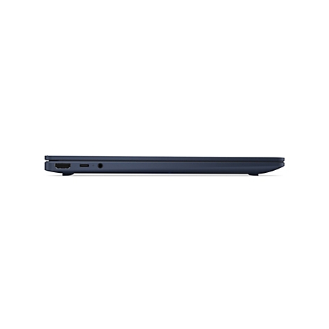 Dunkelblaues Laptop im Profil mit sichtbaren Anschlüssen, darunter HDMI und USB-C, vor weißem Hintergrund.