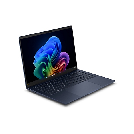 Dunkelblaues HP EliteBook Laptop leicht schräg von vorne mit Windows 11 Standard-Wallpaper.