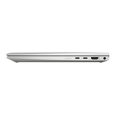 Seitenansicht eines silbernen Laptops, der auf einer weißen Oberfläche liegt. Sichtbar sind Anschlüsse und Schnittstellen wie USB-C und HDMI.