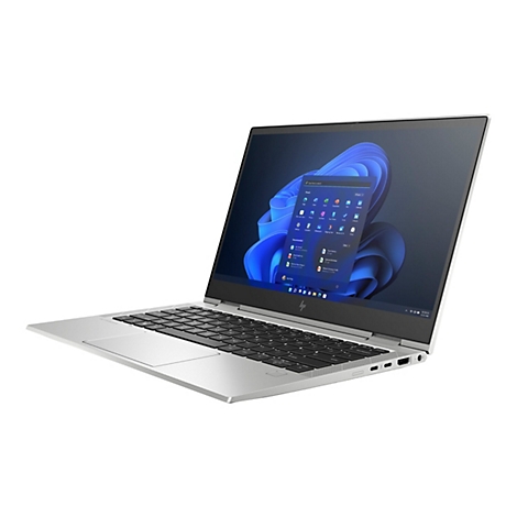 Silberner Laptop im 45-Grad-Winkel, Windows-Oberfläche, Display mit Apps, Tastatur und Touchpad.