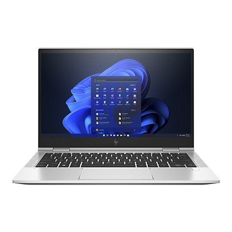 Ein silberner HP EliteBook Laptop mit geöffnetem Bildschirm. Das Display zeigt das Windows 11-Startmenü mit App-Symbolen, Suchleiste und empfohlenen Apps.