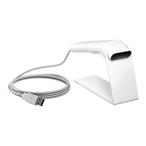 Ein weißer Barcode-Scanner mit Ständer und USB-Kabel, freigestellt vor weißem Hintergrund.