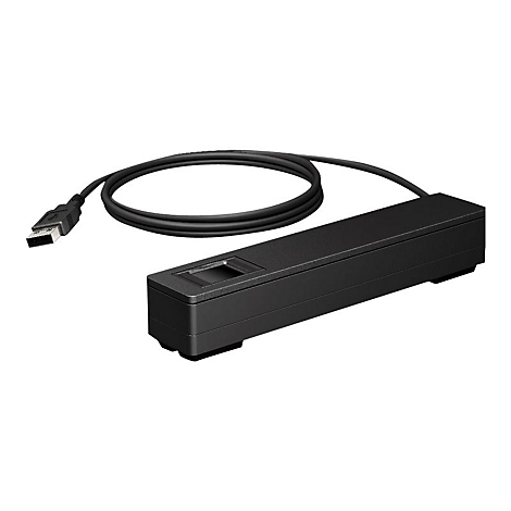 Ein schwarzer Fingerabdruck-Scanner mit USB-Kabel. Der Scanner ist rechteckig und das Kabel ist aufgerollt.