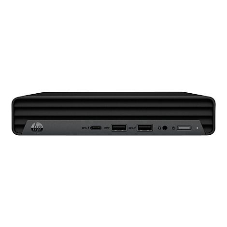 Schwarzer HP Mini-PC. Frontansicht mit Logo, Anschlüssen und Ein-/Aus-Taste.