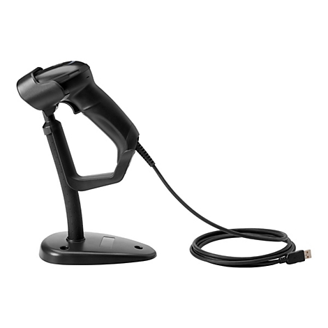 Schwarzer Barcode-Scanner mit Ständer und USB-Kabel. Auf hellem Hintergrund.