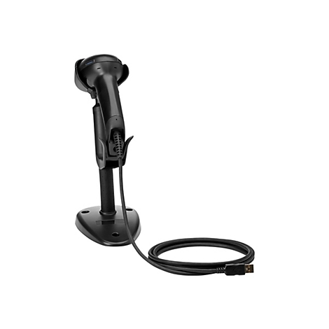 Schwarzer Barcode-Scanner mit Ständer. Das Gerät ist an einem Ständer befestigt und mit einem USB-Kabel verbunden.