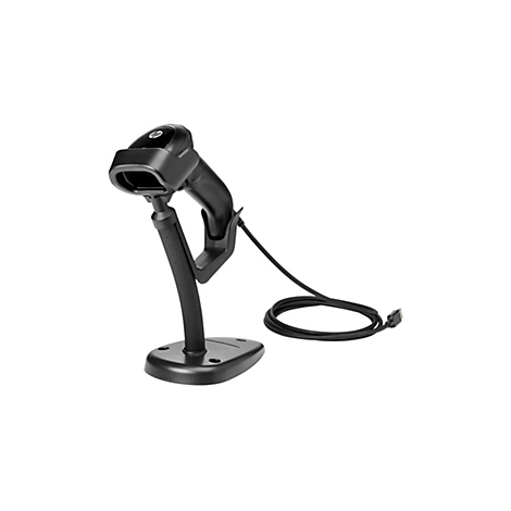 Schwarzer Barcodescanner mit Ständer und Kabel, auf weißem Hintergrund.