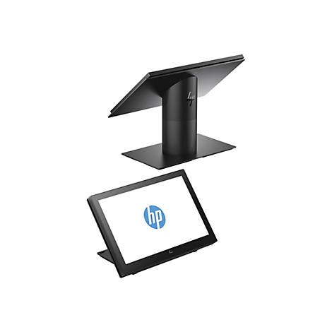 Zwei schwarze HP-Touchscreens mit einem weißen Hintergrund. Der obere Bildschirm ist gekippt, der untere Bildschirm ist flach.