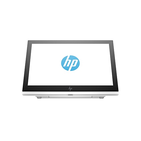 Ein HP All-in-One-Computer auf weißem Hintergrund. Der Bildschirm zeigt das blaue HP Logo.