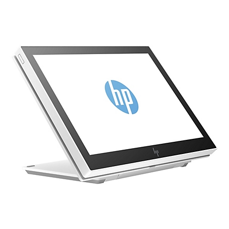 Weißes HP-POS-Gerät in Schrägansicht, mit blauem HP-Logo auf dem Bildschirm.