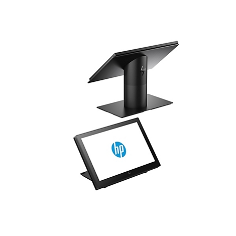 Schwarzer HP Touchscreen-Monitor mit HP-Logo, auf weißem Hintergrund. Zwei Ansichten des Monitors, einer schräg aufgestellt.