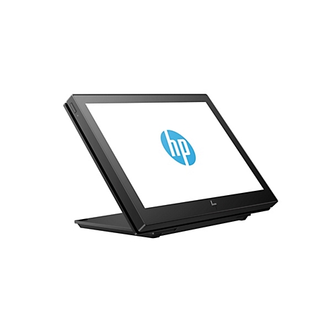 Ein schwarzer HP Touchscreen-Monitor ist leicht angewinkelt, das HP-Logo in Blau-Weiß ist auf dem weißen Bildschirm zu sehen.