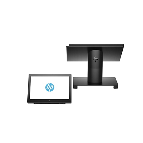 Ein schwarzer HP-Touchscreen-Monitor mit HP-Logo, links im Winkel, daneben die Rückseite des Monitors.