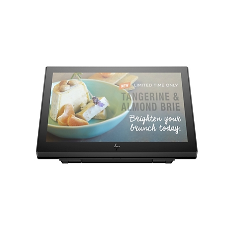 Ein schwarzer Touchscreen zeigt ein Bild von Käse mit Mandeln, Mandarinen und Lavendel in einer blauen Schüssel. Der Bildschirm zeigt den Text "Tangerine & Almond Brie" und "Brighten your brunch today."