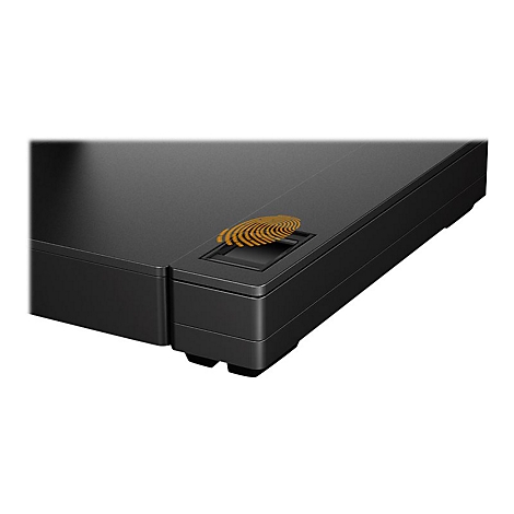 Nahaufnahme eines schwarzen Laptops, mit einem goldfarbenen Fingerabdrucksensor.