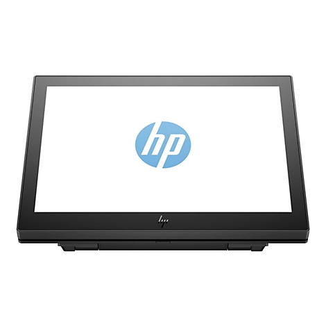 Ein schwarzer HP-Touchscreen-Monitor mit dem HP-Logo auf weißem Hintergrund.