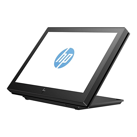 Ein schwarzer HP-Touchscreen-Monitor mit weißem Bildschirm, der das blaue HP-Logo zeigt. Der Monitor steht leicht abgewinkelt.