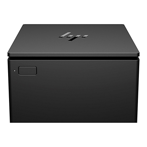 Ein schwarzer, quaderförmiger HP-Mini-PC. Oben das HP-Logo, auf der Vorderseite ein rechteckiger Einschaltknopf.