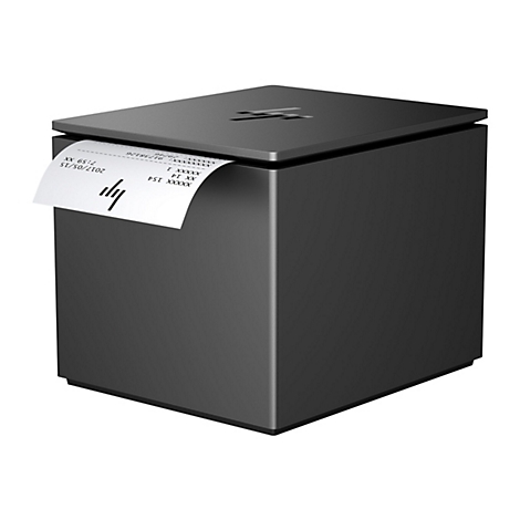 Schwarzer HP-Thermodrucker mit einem herausragenden Beleg. Auf dem Druckerdeckel ist das HP-Logo.