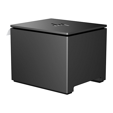 Ein schwarzer, quaderförmiger Drucker mit eingravierten Strichen auf der Oberseite, ein Papierstreifen hängt heraus.