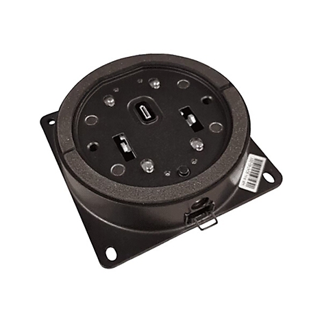 Schwarzes elektronisches Bauteil mit quadratischer Basis, rundem Oberteil, Schraubenlöchern und kleinen Öffnungen.