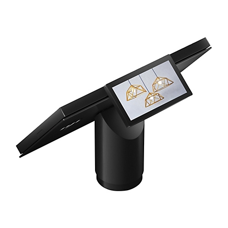 Ein schwarzes, modernes Informationssystem mit einem geneigten Bildschirm, der drei goldfarbene Lampen zeigt.