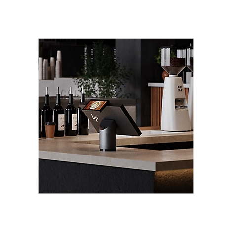 Kassensystem in einem CafÃ©, mit HP Logo, Kaffeebecher-Symbol und KaffeemÃ¼hle im Hintergrund.