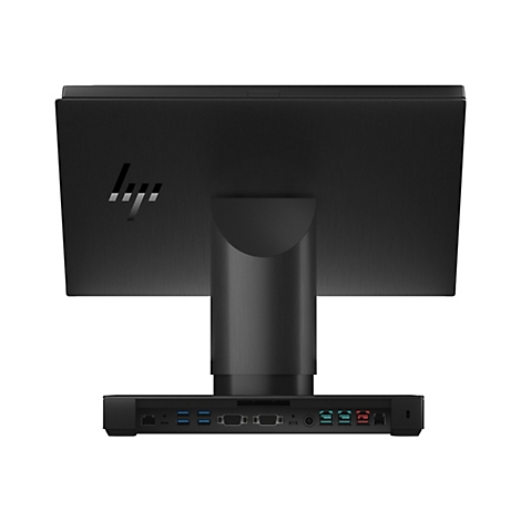 Schwarzer All-in-One-PC mit HP-Logo. Sicht auf die Rückseite mit Anschlüssen und Standfuß.