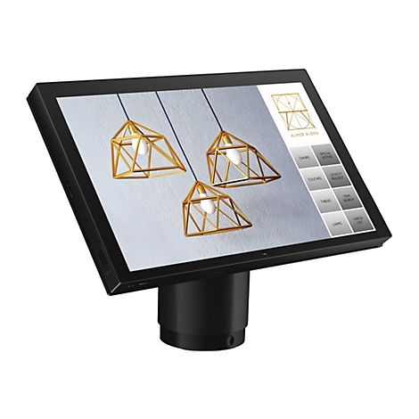 Schwarzer Touchscreen, zeigt Hängelampen. Das Menü listet: Stühle, Couches, Tische, Lampen, Sonderangebote, Treueantrag, Artikelsuche und Auschecken.