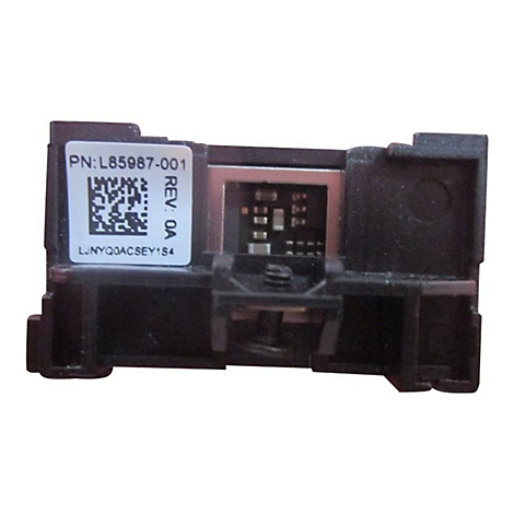 Schwarzes Elektronikbauteil mit Chip und Aufkleber: PN: L85987-001, REV: 0A. Der Aufkleber trägt einen QR-Code und die Zeichen LJN…