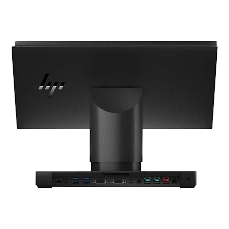 Rückseite eines schwarzen All-in-One-Computers. HP Logo oben links, Anschlüsse unten.