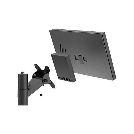 Schwarzer Monitor mit Halterung; Rückansicht. Das HP-Logo und Anschlüsse sind sichtbar.