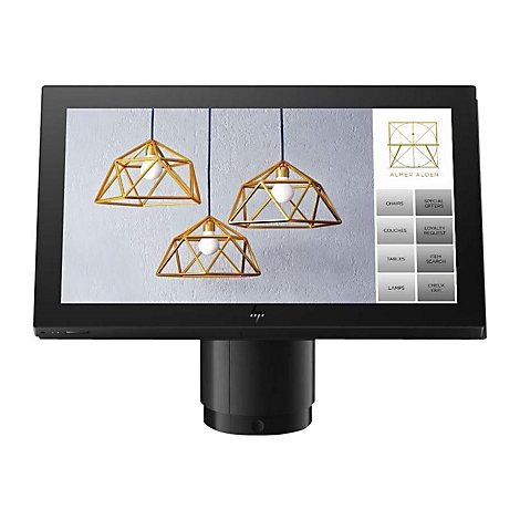 Ein schwarzer Touchscreen-Monitor, der eine Beleuchtungsanzeige mit goldenen Lampen zeigt. Auf dem Bildschirm befinden sich Menüoptionen.