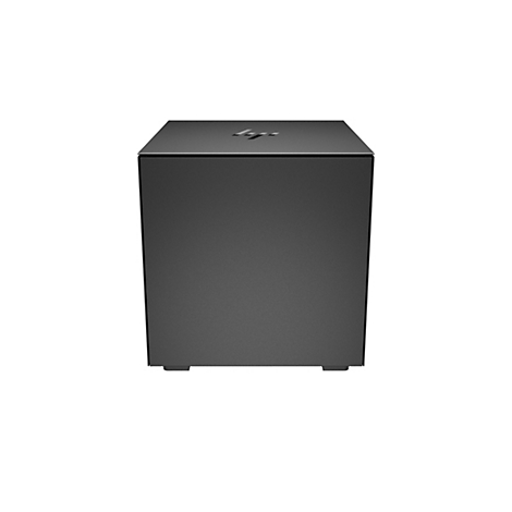 Ein schwarzer, rechteckiger Computer-Tower mit dem HP-Logo auf der Oberseite. Er steht vor weißem Hintergrund.