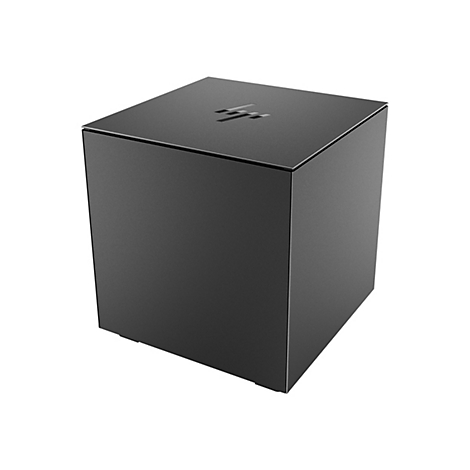 Ein schwarzer, quaderförmiger HP Computer. Oben das HP Logo.