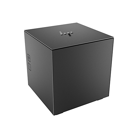 Ein schwarzer, quaderförmiger Server. Auf der Oberseite ist ein Logo eingelassen, auf der Seite zwei Knöpfe.