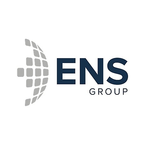 Logo der ENS Group: blaue Buchstaben ENS, darunter Group. Links ein grauer Globus aus Quadraten.