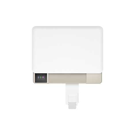 Draufsicht auf einen weißen Drucker. Unten befindet sich ein rechteckiger Bildschirm mit Symbolen. Der Hintergrund ist weiß.