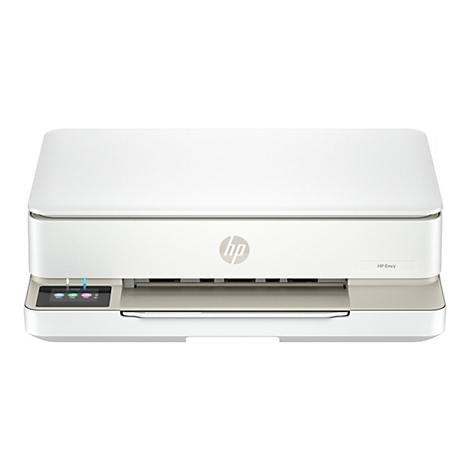 Weißer HP Envy Drucker mit Bedienfeld unten. Das HP Logo ist deutlich sichtbar. An der Seite steht HP Envy.