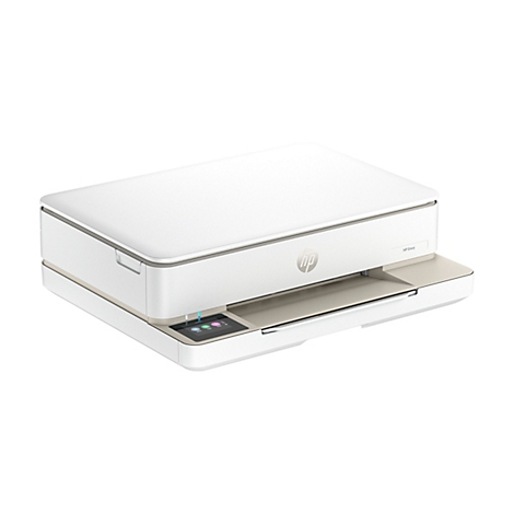 Eine weiße HP Envy Drucker-Draufsicht. Auf der Bedienoberfläche leuchten Anzeigen, daneben Touchscreen-Symbole.