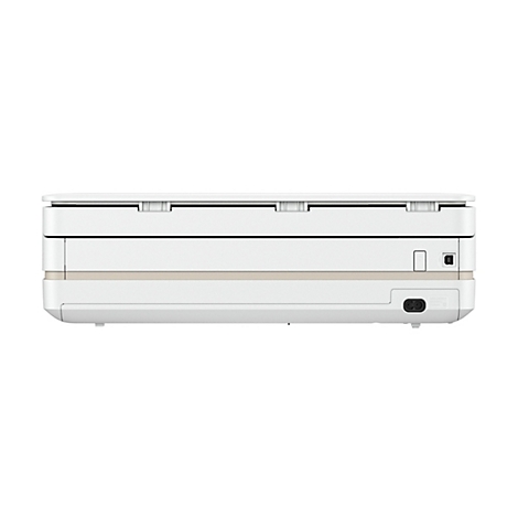 Rückansicht eines weißen Druckers mit einem beige farbenem Mittelteil. Auf der Rückseite befinden sich Anschlüsse für Strom und USB.