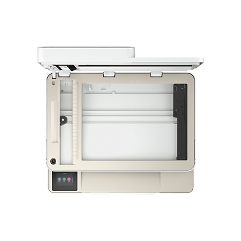 Draufsicht auf einen beige-weißen Drucker. Der Deckel ist geöffnet, darunter liegt das Scannerbett mit den Größenangaben. Unten links ein Touchscreen.