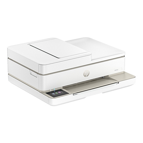 Weißer HP Envy Drucker. Das Bedienfeld leuchtet blau, grüne und rosa Tasten sind zu sehen.