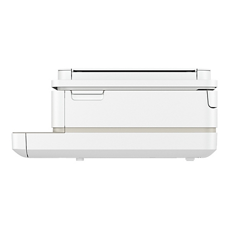 Ein weißer Drucker, Detailansicht. Deutlich erkennbar ist eine Griffmulde, eine beige Abgrenzung und runde Füße.