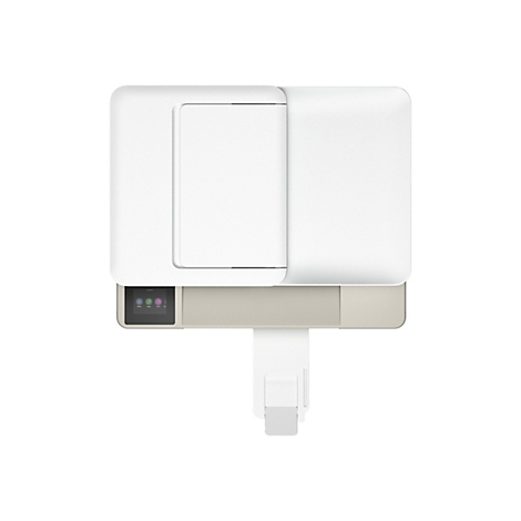 Draufsicht auf einen weißen Drucker mit grauem Unterteil und Touchscreen.