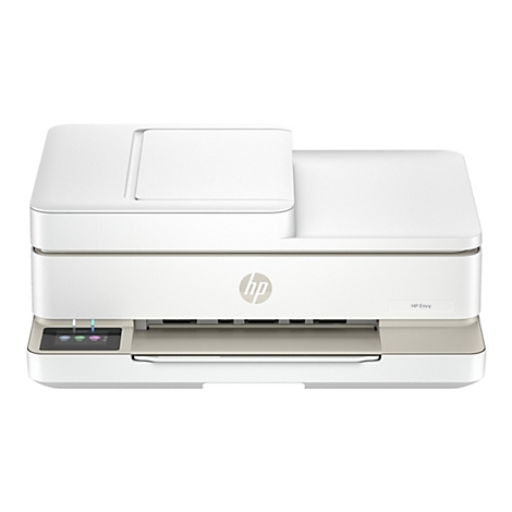 Draufsicht auf einen HP Envy Drucker, weiß-cremefarbenes Gehäuse, Bedienfeld mit Symbolen und Schriftzügen.