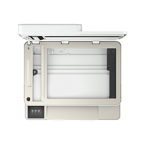 Draufsicht auf einen Drucker mit offenem Deckel, beige und weiß. Auf der Oberfläche sind Maße angegeben und ein Touchscreen ist zu sehen.