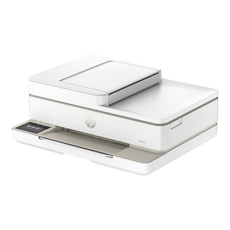 Weißer HP Envy Drucker mit Bedienfeld. Obendrauf ein Scanner.