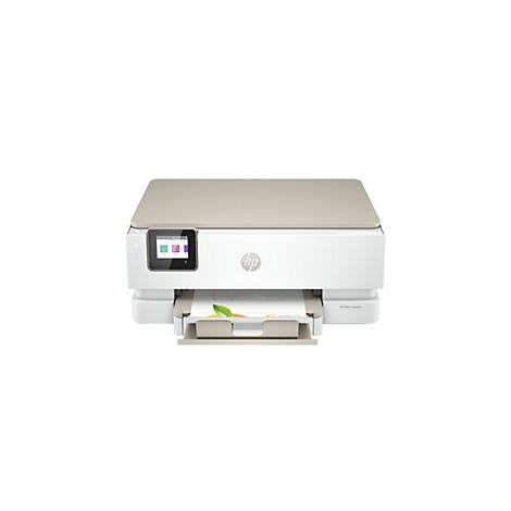 Ein weißer Drucker mit beigem Deckel, Display und Papierausgabefach. Auf dem Display ist eine Menüauswahl zu sehen, im Ausgabefach liegt ein bedrucktes Blatt.